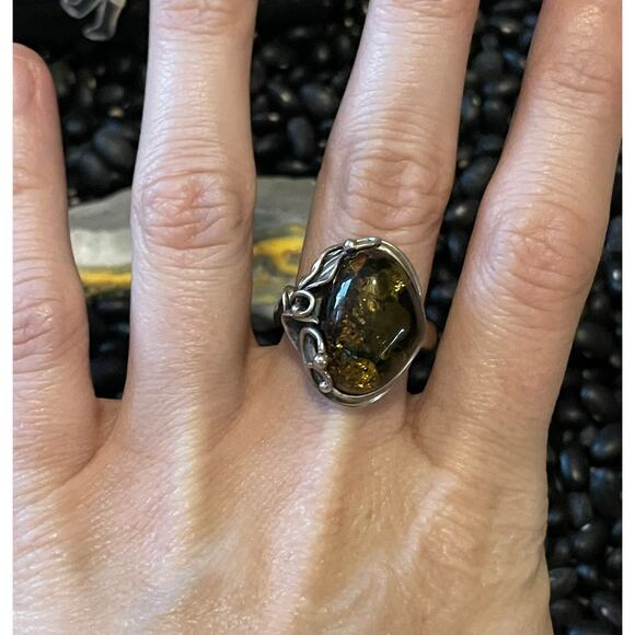 Unbranded Jewelry - Sterling Silver Baltic Sea Honey Amber Ring~Scroll Accented Size 11